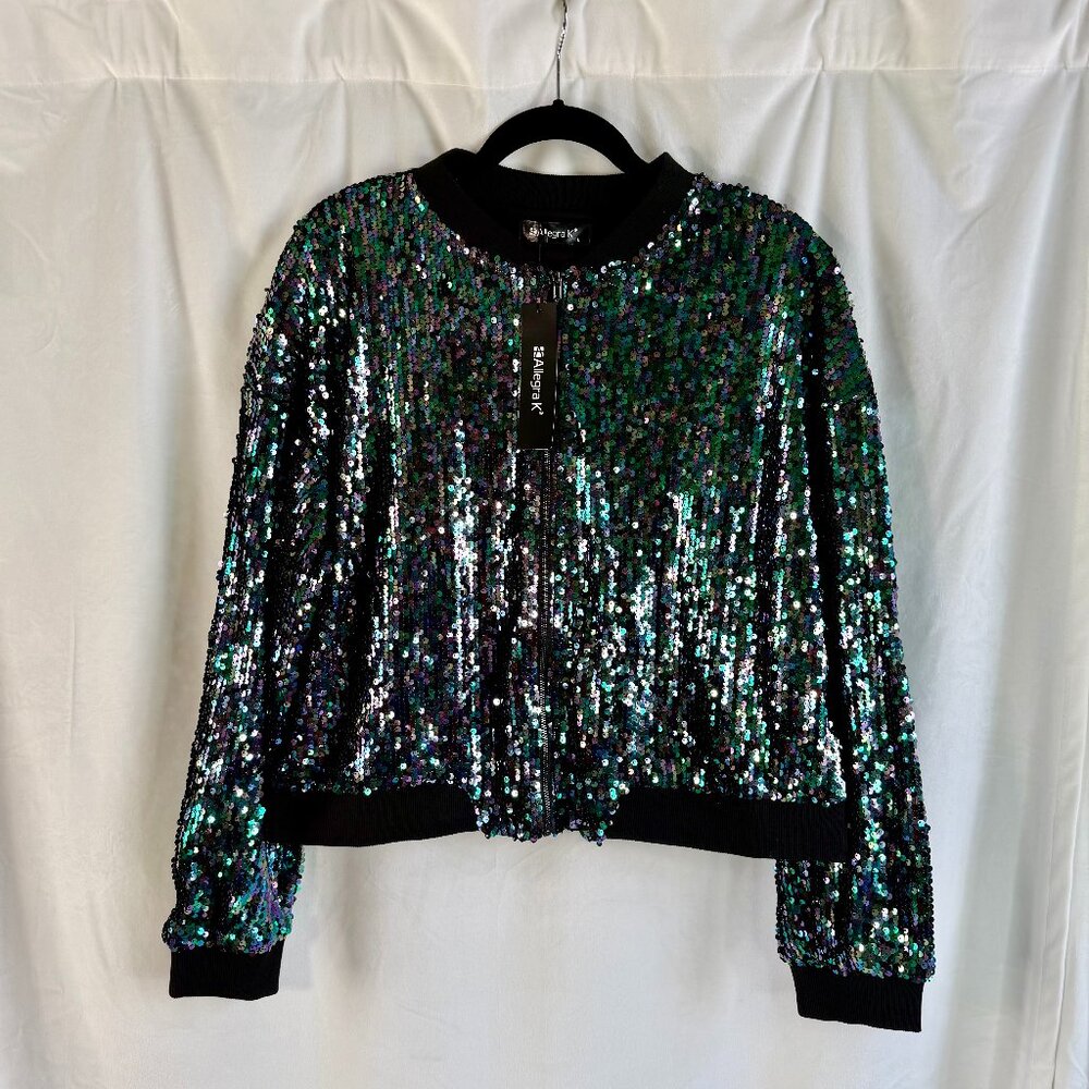 Allegra K Womens Sequin Bomber Jacket Green/Purple/Black Iridescent Small NEW